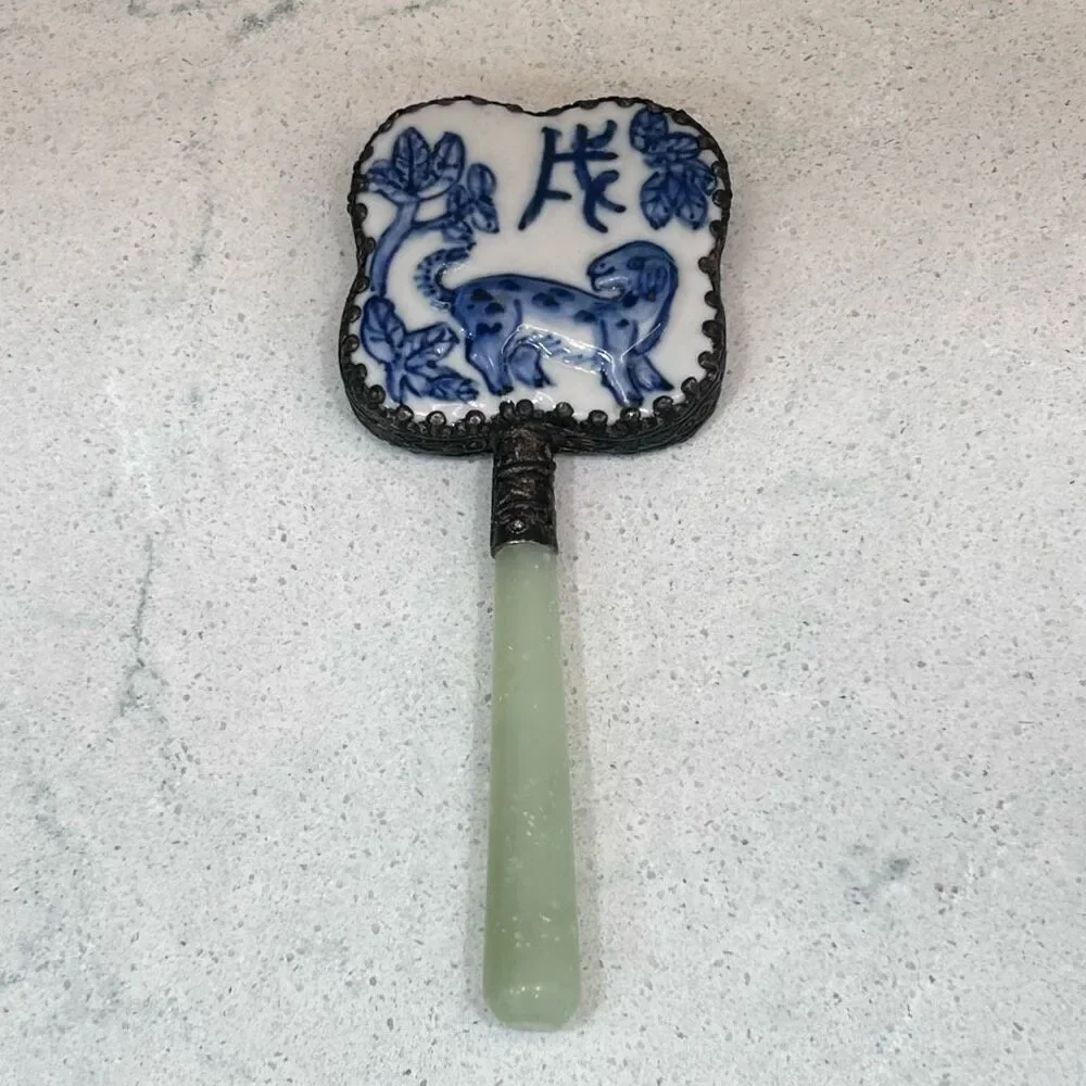 Vtg Chinese Hand Mirror Rounded Corner Squircle W/ Jade Handle & Porcelain Back